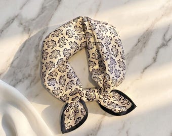 100% Silk Black White Paisley Square Scarf, Headband Neck Bandana Gift