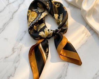 100% Silk Floral Scarf, Black Gold Elegant Square Head Hair Neck Accessory