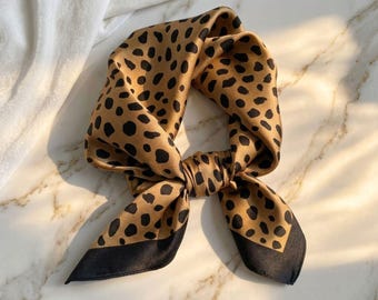 100% Silk Leopard Print Square Scarf, Animal Chic Bandana Headscarf