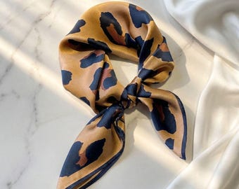 100% Silk Leopard Print Scarf – Luxury Square Bandana for Women, Elegant Accessory