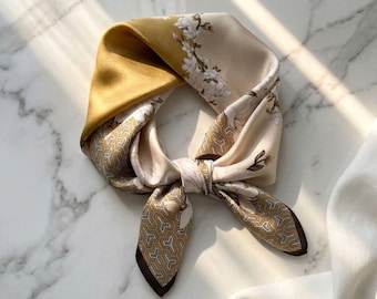 100% Cream Silk Scarf, Floral Gold Pattern, Elegant Square Neck Scarf for Women