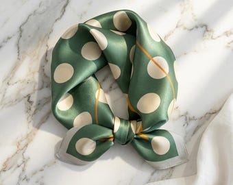 Green 100% Silk Scarf, Polka Dot Print, Square Bandana,  Elegant Scarf
