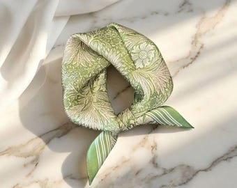 Green 100% Silk Scarf, Square Bandana, Elegant Floral Neck Accessory, Gift for Her
