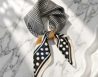 Black White 100% Silk Scarf, Geometric Pattern, Elegant Square Neck Scarf, Bandana