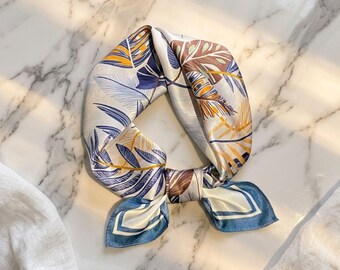 100% Silk Scarf, Blue Botanical Square Headband Women, Silk Bandana