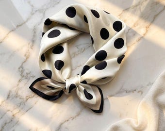 100% Silk Polka Dot Scarf, Black White Square Headscarf, Chic Bandana