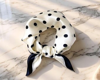 100% Silk Polka Dot Scarf, Black White Neckerchief, Square Hair Accessory