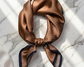 100% Silk Brown Floral Scarf, Square Neck Scarf, Elegant Women's Accessory, Bandana