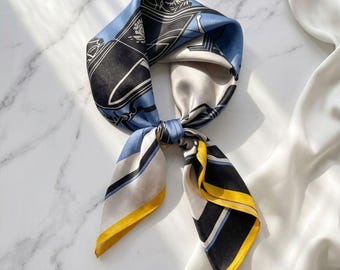 100% Natural Silk Scarf: Black Blue Ivory Bandana, Elegant Scarf
