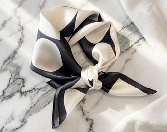 100% Silk Square Scarf, Black White Abstract Geometric Design, Versatile Hair Neck Accessory