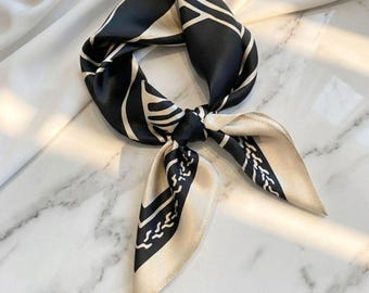 Black Ivory Silk Scarf – Elegant Square Silk Bandana for Women, Headband