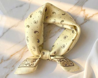 Yellow Paisley Silk Scarf, 100% Natural Bandana, Square Headscarf Accessory