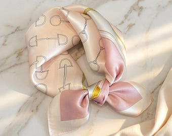 100% Silk Scarf, Pink Cream Chain Detail Square Neck Head Hair Scarf