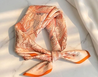 Orange Abstract Print Silk Scarf, 100% Natural Square Headscarf, Elegant Bandana Accessory