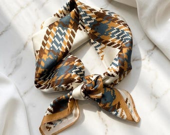 100% Silk Scarf Brown Blue, Geometric Print Square Neck Scarf, Head Bandana