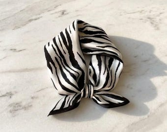 100% Silk Zebra Scarf – Black White Square Natural Neck Scarf, Bandana, Headband