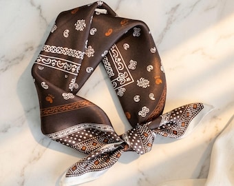 Brown Silk Paisley Scarf, 100% Natural Silk Bandana, Headband, Gift for Her