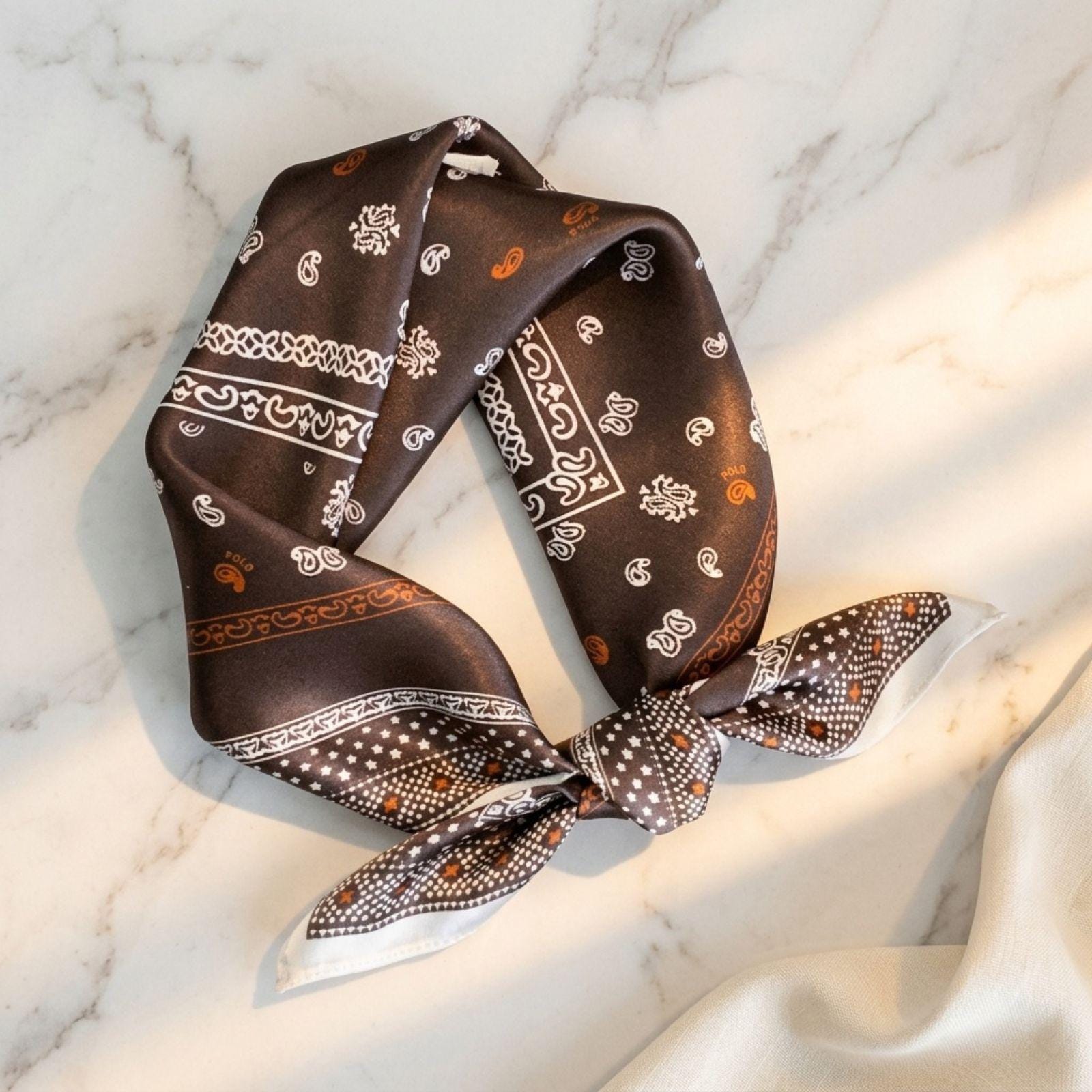 Brown Silk Paisley Scarf, 100% Natural Silk Bandana, Headband, Gift for Her