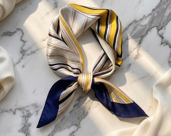 100% Silk Scarf Navy Yellow, Elegant Print Neck Scarf, Head Bandana