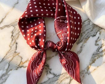 Burgundy Polka Dot Silk Scarf, Vintage Paisley Bandana, Hair Accessory