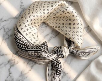 Black White 100% Silk Scarf, Square Bandana, Hair Neck Accessory, Gift for Her