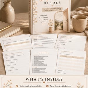 May include: A white binder titled The Gentle Exposure Binder with an illustration of an open door and landscape. The binder is surrounded by several printed worksheets including a fear hierarchy, exposure planning sheets, and daily exposure logs.