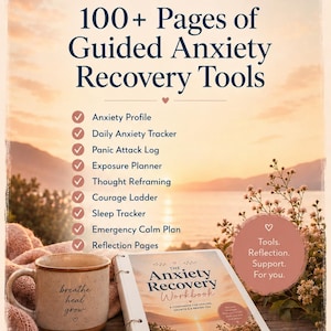 May include: A guided anxiety recovery workbook with 100+ pages, featuring a list of tools including an anxiety profile, daily tracker, panic attack log, exposure planner, thought reframing, courage ladder, sleep tracker, emergency calm plan, and reflection pages.