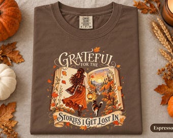 Bookish Autumn Shirt, Fantasy Book Lover Tee, Cozy Reader Cat Tshirt, Grateful For The Stories I Get Lost In, Librarian Gift