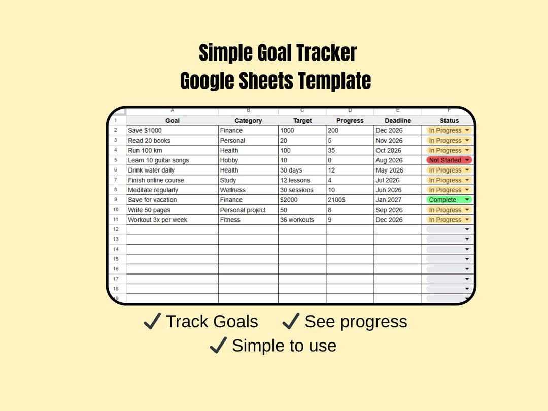 Goal Tracker Google Sheets Template | Goal Setting & Progress Tracker ...