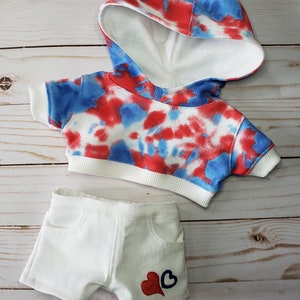 Handmade 18 Inch Doll Clothes: Red, white and blue crop short sleeve hoodie and white jean shorts fit dolls