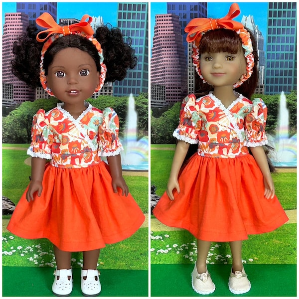 14.5-15 Inch Doll Clothes:  Orange floral dress and headband fit dolls like Wellie Wishers and Ruby Red Fashion Friends; kids gift