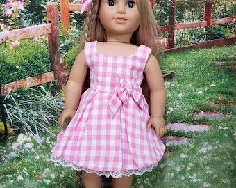 18 Inch Doll Clothes: Pink and white gingham check dress and matching hair bow fit dolls like American Girl