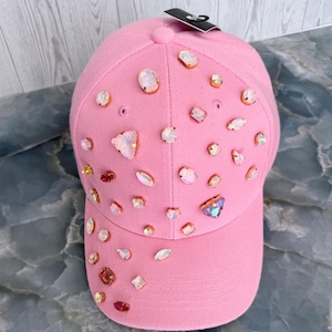 Pink Rhinestone Baseball Cap | Iridescent Crystals, Gold-Set Glam Hat