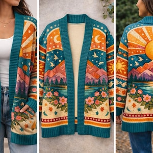 May include: A teal open-front cardigan with a colorful landscape design. The design features a sun, mountains, flowers, and birds. The cardigan has long sleeves and pockets. The overall color palette includes teal, orange, yellow, and pink.