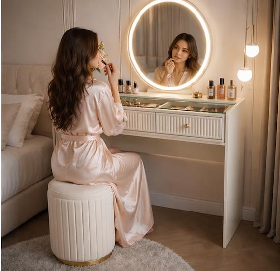 Modern Dressing Table with LED Mirror, Ribbed Vanity Design, Storage (Digital Download)