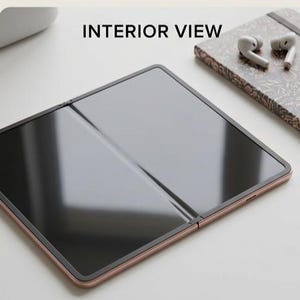 May include: A rose gold foldable smartphone in an open, flat position with a black screen. The text INTERIOR VIEW is printed in black above the device. The phone features a thin hinge running vertically through the center of the display.