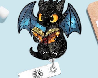 Niedlicher Drachen Ausweishalter, Fantasy Buch Liebhaber Ausweishalter, schwarzer Drache Leseclip, Krankenschwester Geschenk, einziehbare Bibliothekar Ausweisrolle