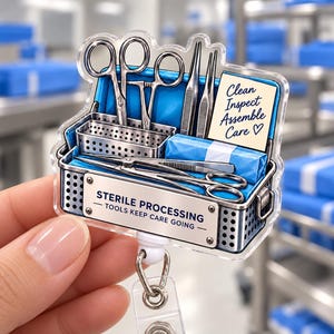 Op de afbeelding: Een acryl badgehouder met een afbeelding van een metalen instrumentenbak vol chirurgisch gereedschap. De bak heeft een label met de tekst STERILE PROCESSING TOOLS KEEP CARE GOING en een briefje met Clean Inspect Assemble Care en een hartje.