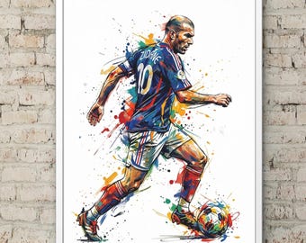 Zinedine Zidane Art Print, France Legend Illustration, Colourful Football Poster, Iconic Number 10 Wall Art