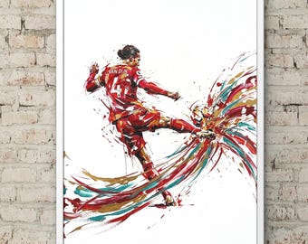 Lámina de fútbol de Virgil Van Dijk, arte moderno del Liverpool FC, decoración futbolística con salpicaduras de color.