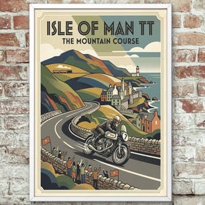 May include: A framed vintage poster for the Isle of Man TT motorcycle race. The artwork depicts a motorcycle racing on a winding road through a scenic landscape with spectators, a lighthouse, and the text "Isle of Man TT The Mountain Course."