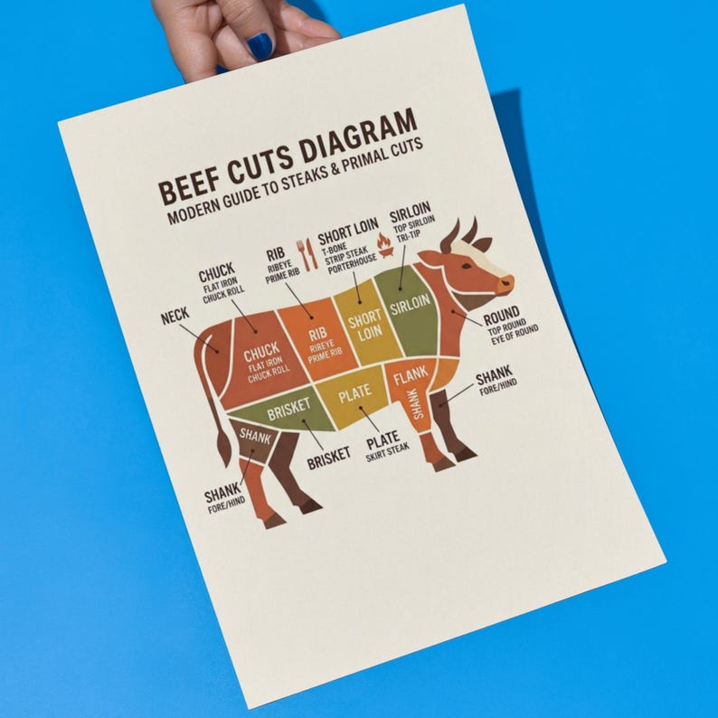 Modern Beef Cuts Diagram | Butcher Chart Kitchen Wall Art | Steak Guide ...