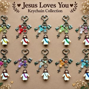 May include: A collection of ten keychains featuring a small figurine of Jesus wearing a robe with a colored sash. Each keychain includes a heart-shaped clasp, a small book charm, a dove charm, a cross charm, and various colorful beads and flowers.