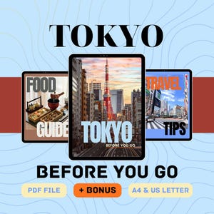 以下が含まれることがあります： タブレットに表示された、日本の東京のデジタル旅行ガイド。ガイドは食べ物、旅行のヒントをカバーし、ボーナスコンテンツを含みます。メインガイドは「TOKYO BEFORE YOU GO」のテキストとともに東京のスカイラインを特徴としています。