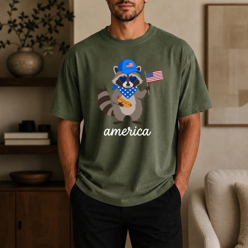 Patriotic Raccoon America Graphic Tee, Funny USA Hot Dog Shirt, 4th of July Outfit, Retro Patriotic Animal Gift image 12