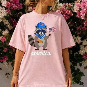 Patriotic Raccoon America Graphic Tee, Funny USA Hot Dog Shirt, 4th of July Outfit, Retro Patriotic Animal Gift image 7
