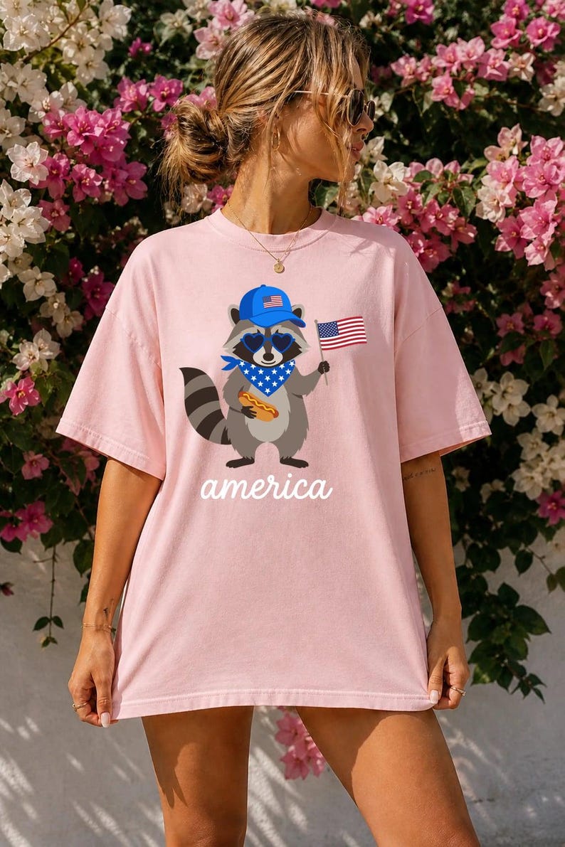 Patriotic Raccoon America Graphic Tee, Funny USA Hot Dog Shirt, 4th of July Outfit, Retro Patriotic Animal Gift image 7