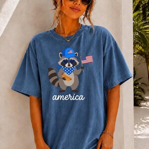 Patriotic Raccoon America Graphic Tee, Funny USA Hot Dog Shirt, 4th of July Outfit, Retro Patriotic Animal Gift image 1