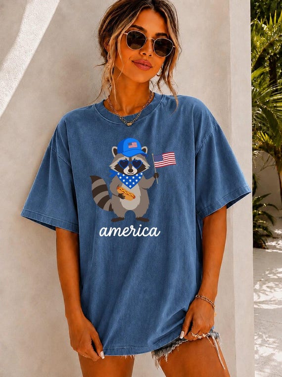 Patriotic Raccoon America Graphic Tee, Funny USA Hot Dog Shirt, 4th of July Outfit, Retro Patriotic Animal Gift