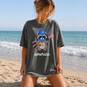 Patriotic Raccoon America Graphic Tee, Funny USA Hot Dog Shirt, 4th of July Outfit, Retro Patriotic Animal Gift image 4